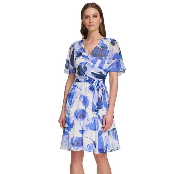 DKNY Surplice-Neck Cape-Sleeve Fit & Flare Dress- NEW - Picture 4 of 10